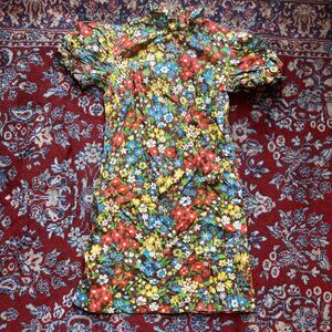 Vintage Girls Dress 60s Colorful Floral Frilly Sleeve Collar Zip Size Medium